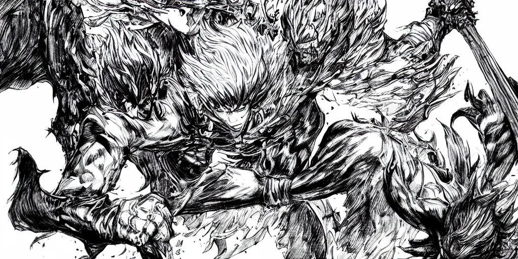 Image similar to Guts from the Berserk manga fighting a demon, manga style, high-detailed illustration