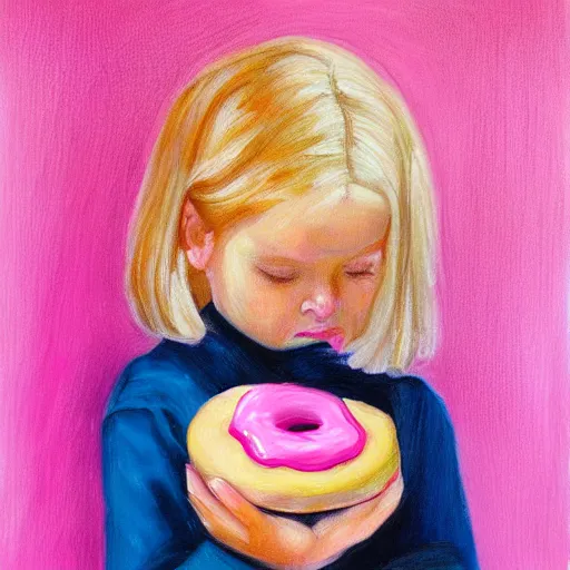 Prompt: blond little girl asleep, dreaming of donuts, pink, cosy room, oil painting