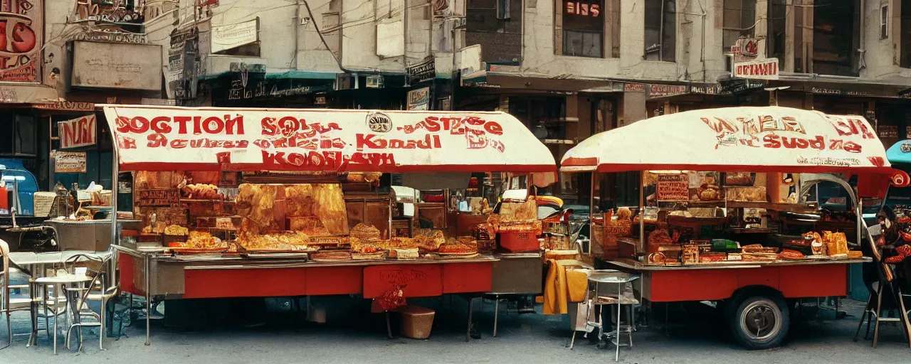 Image similar to food stand selling spaghetti, in downtown nyc, kodachrome, in the style of wes anderson, retro