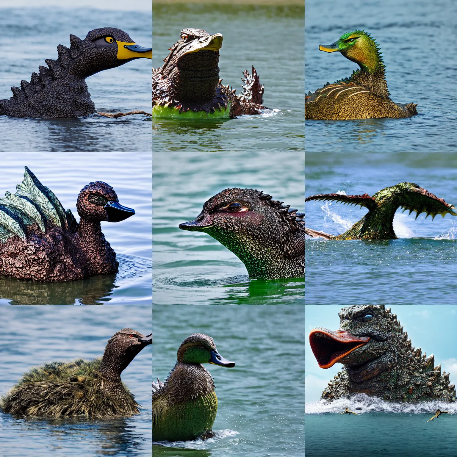 Prompt: kaiju godzilla mallard duck, rising from ocean