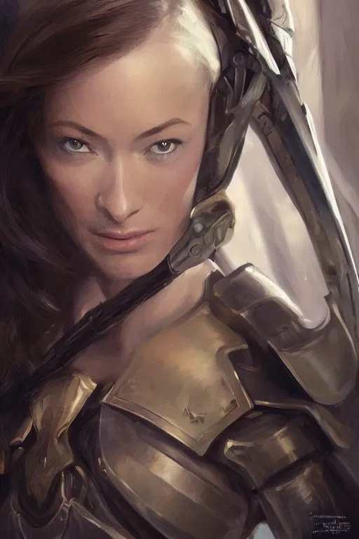 Image similar to a professional painting of a young Olivia Wilde, clothes in military armor, olive skin, long dark hair, beautiful bone structure, symmetrical facial features, intricate, elegant, digital painting, concept art, smooth, sharp focus, illustration, from StarCraft by Ruan Jia and Mandy Jurgens and Artgerm and William-Adolphe Bouguerea