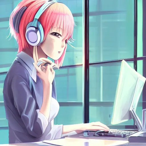 Prompt: high definition anime portrait of an anime girl with pastel colored hair sitting at a desk studying with headphones on, background is a window looking out into a busy Tokyo district, lo-fi art, masterpiece by Naoshi Arakawa, trending on artstation, sharp high quality anime, digital art, photoshop, proportionate, ambient lighting, clear facial festures