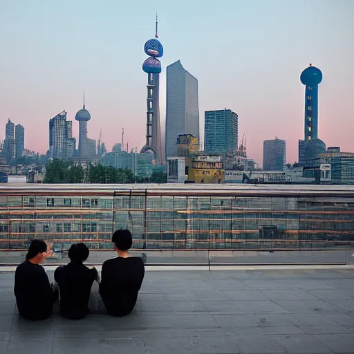 Image similar to a small rooftop with a couple of people sitting and watching the view, wearing black modern clothes, modern shanghai bund is on the background, sunset, by gregory crewdson