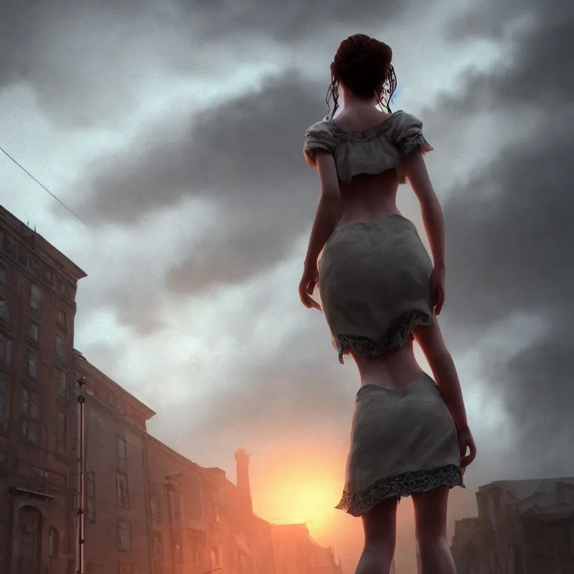 Image similar to a beautiful Cotton Mill Girl, symmetrical body, centered, dramatic angle, ornate, details, smooth, sharp focus, illustration, realistic, cinematic, artstation, award winning, rgb , unreal engine, octane render, cinematic light, macro, depth of field, blur, red light and clouds from the back, highly detailed epic cinematic concept art CG render made in Maya, Blender and Photoshop, octane render, excellent composition, dynamic dramatic cinematic lighting, aesthetic, very inspirational, arthouse by Henri Cartier Bresson