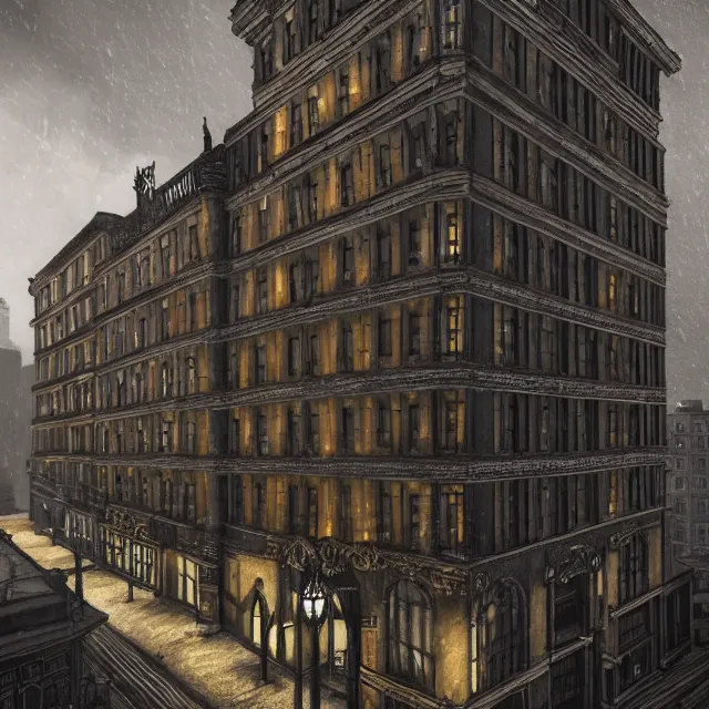 Image similar to action scene painting of a 1 9 2 0 s gothic style hotel in downtown boston, overlooking a dark street, architectural, atmospheric lighting, brooding, painted, intricate, ultra detailed, well composed, best on artstation, cgsociety, epic, horror, stunning, gorgeous, intricate detail, much wow, masterpiece, cinematic aesthetic octane render, 8 k hd resolution,