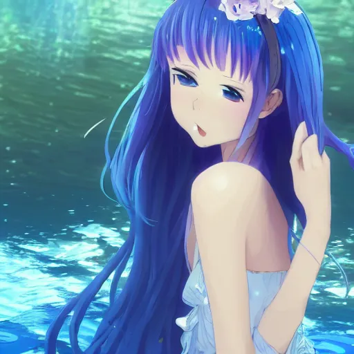 Image similar to a very beautiful anime girl wearing a dress made of water standing in a reflective crystal lake , full body, long azure blue hair, azure blue watery eyes, full round face, seductive over the shoulder stare, cinematic lighting, full body shot, highly realistically detailed, trending on artstation, Unreal Engine 4k, Stanley Artgerm Lau, WLOP, Rossdraws, James Jean, Andrei Riabovitchev, Marc Simonetti, and Sakimichan