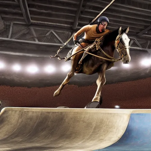 Prompt: roman horse-drawn chariot racer jumping in a skate park half-pipe, video game cover, intense, high detail, crowd cheering, wide lense, style of Tony Hawk