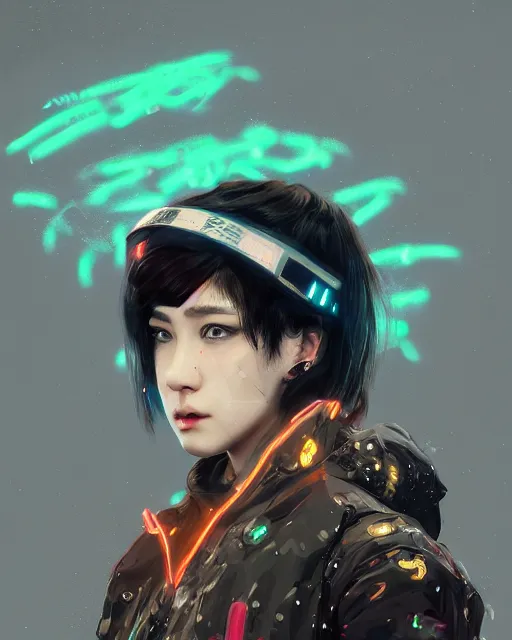 Prompt: detailed portrait Neon guard girl with short brown hair, cyberpunk futuristic, reflective puffer jacket, black leggings, decorated with traditional Japanese ornaments by Ismail inceoglu dragan bibin hans thoma, Perfect face, fine details, realistic shaded, fine-face, pretty face