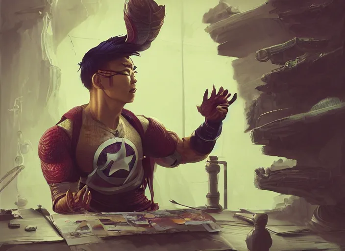 Image similar to an insanely detailed painting of an asian man wearing a homemade superhero costume, sitting at a desk, staring seriously at the computer and typing, in the style of peter mohrbacher, james jean, artgerm, dramatic lighting and composition, surreal background, octane render, pixar, trending on artstation, concept art, comic book, view from behind, 8 k