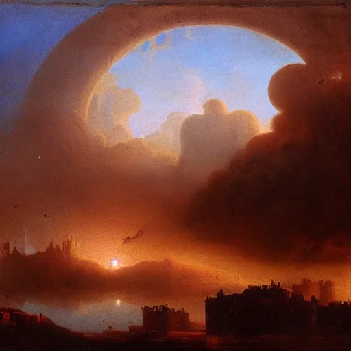 Prompt: a city in the clouds painted by john martin