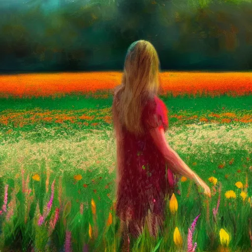 Prompt: woman standing in flower field, mattepainting, artstation, impressionism, blooming flower body