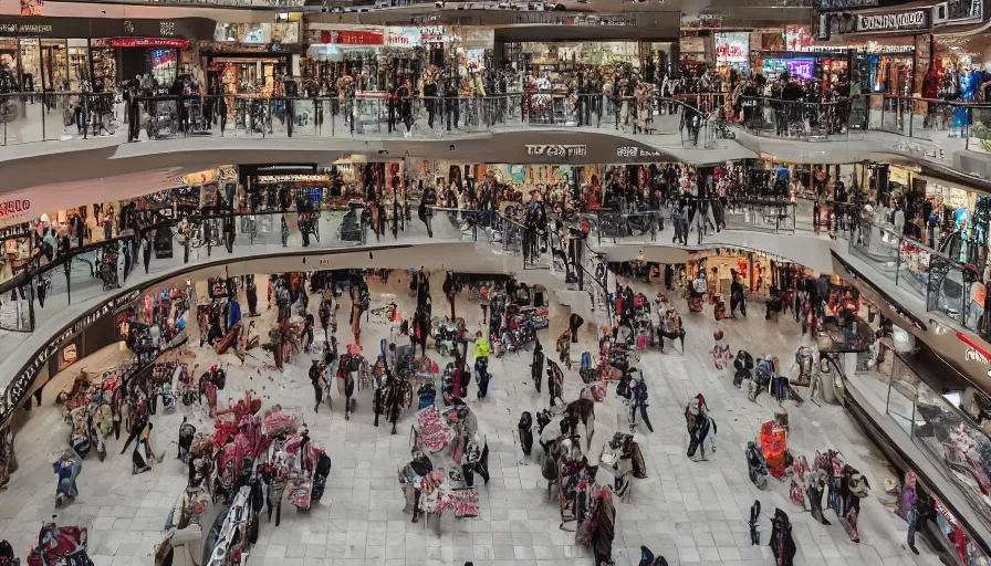 Prompt: a horde of aliens inside of a shopping mall , 4k