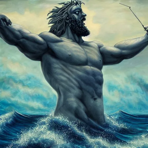 Prompt: Proud and screaming Poseidon rising from the ocean, ready to fight, fantasy art, photorealistic