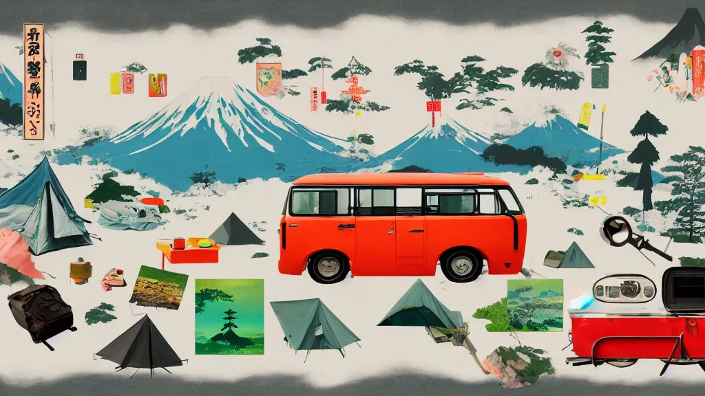 Image similar to an arrangement of camping traveller props, japan, a collage painting, in the style of wes anderson, lola dupre, david hockney, isolated on negative white space background dark monochrome neon spraypaint accents volumetric octane render