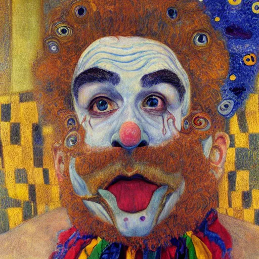 Image similar to detailing character concept portrait of clown by Gustav Klimt, on simple background, oil painting, middle close up composition