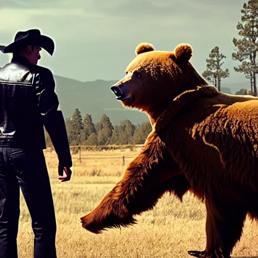 Image similar to a terminator android dressed as a cowboy while mounting a bear, 8 k, movie still, high detail, hyperrealistic