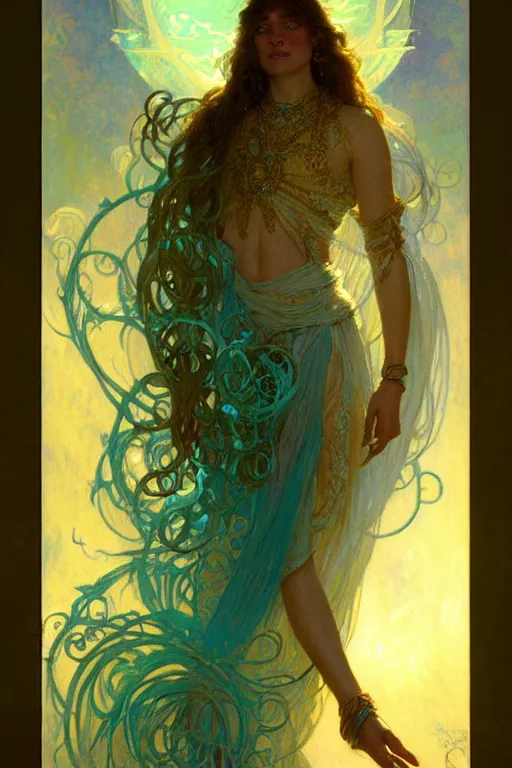 Prompt: pearlescent turquoise moon sorcerer, character design, painting by gaston bussiere, craig mullins, greg rutkowski, alphonse mucha