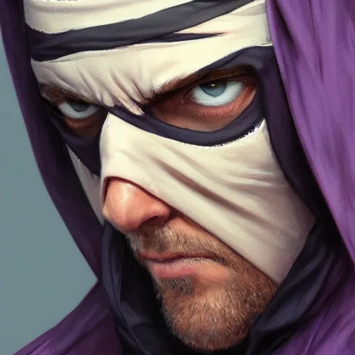 Image similar to ultra realistic illustration, man in a black hood, in a striped purple balaclava, mysterious, highly detailed, digital painting, artstation, concept art, smooth, sharp focus, illustration, art by artgerm and greg rutkowski and alphonse mucha