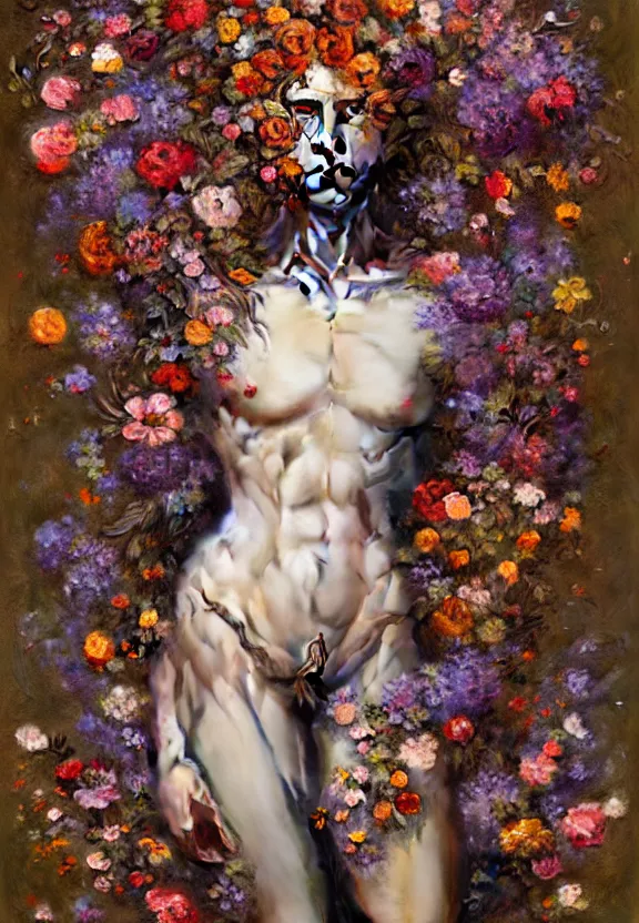 Image similar to anatomy full body made of flowers, very detailed, 8k, maximized, ornate, masterpiece, complex, by Greg rutkowski, Alex Gray, surrounded by smoke