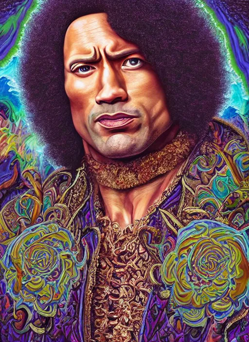 Image similar to beautiful oil painting, full length portrait of Dwayne the rock Johnson as Louis xiv in coronation robes 1701, Dan Mumford, Dan Mumford, Alex grey, Alex grey, lsd visuals, dmt fractal patterns, entheogen, psychedelic art, hallucinogen, highly detailed, ornate, vaporwave