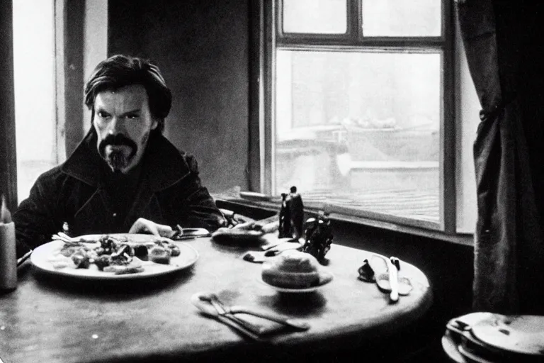 Image similar to soviet movie still doctor strange sitting at a table next to the window with food, dark warm light, a character portrait by margarita terekhova, movie stalker solaris film still by andrei tarkovsky, 8 k, 1 9 8 4, close - up bokeh, gelios lens, color, noir