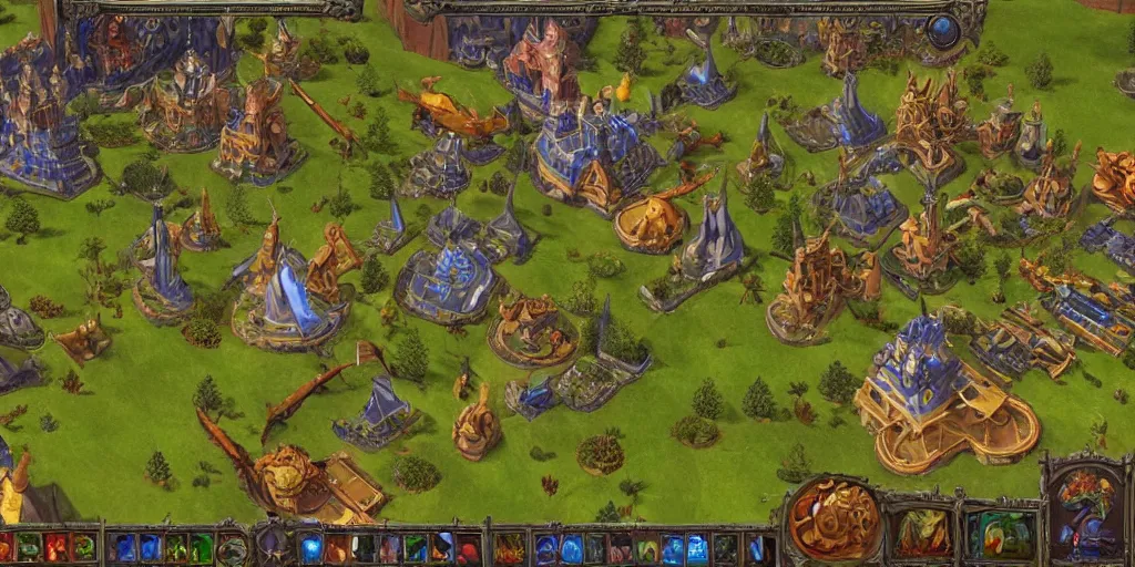 Image similar to art nouveau real time strategy, gameplay, units, buildings, base, medieval, fantasy, bright colors, high contrast,Art Deco, Warcraft 3 gameplay