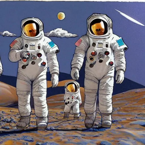 Image similar to Astronauts walking about on the moon with the earth in the background. In the style of Howard Finster painting.