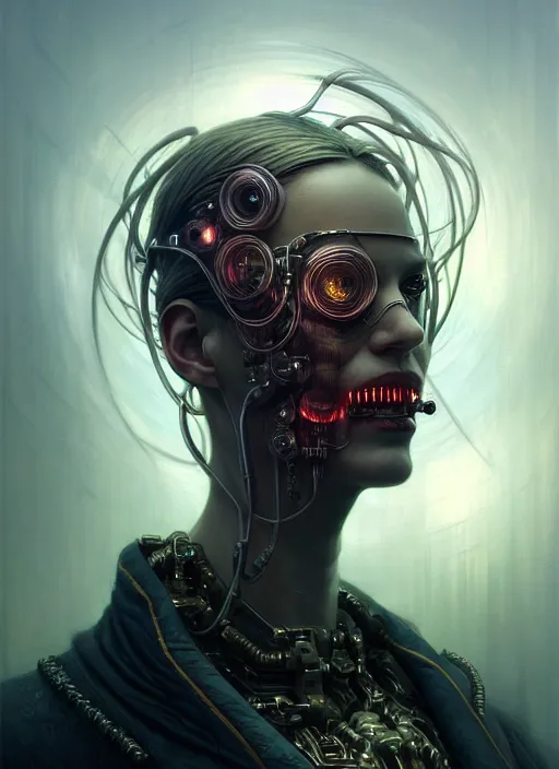 Image similar to portrait shot of a cyberpunk monster in a scenic dystopian environment, intricate, elegant, highly detailed, centered, digital painting, artstation, concept art, smooth, sharp focus, illustration, artgerm, tomasz alen kopera, peter mohrbacher, donato giancola, joseph christian leyendecker, wlop, boris vallejo