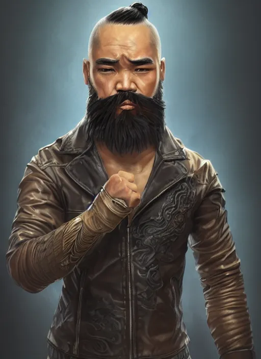 Image similar to a highly detailed illustration of bearded asian man wearing leather jacket with bandaged right hand, focused boxing philly shell stance pose, hands shielding face, intricate, elegant, highly detailed, centered, digital painting, artstation, concept art, smooth, sharp focus, league of legends concept art, WLOP