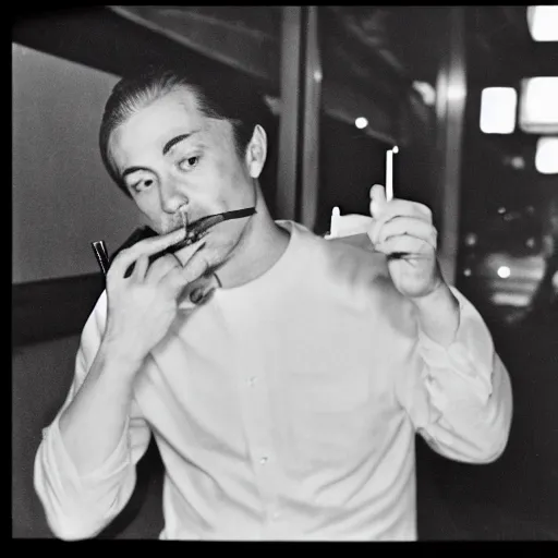 Prompt: retro photograph of a Putin smoking a cigarette in Japan at night, Kodak film photo