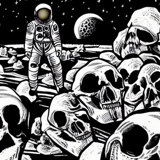 Prompt: An astronaut alone inside a dark ballroom filled with piles of human skulls