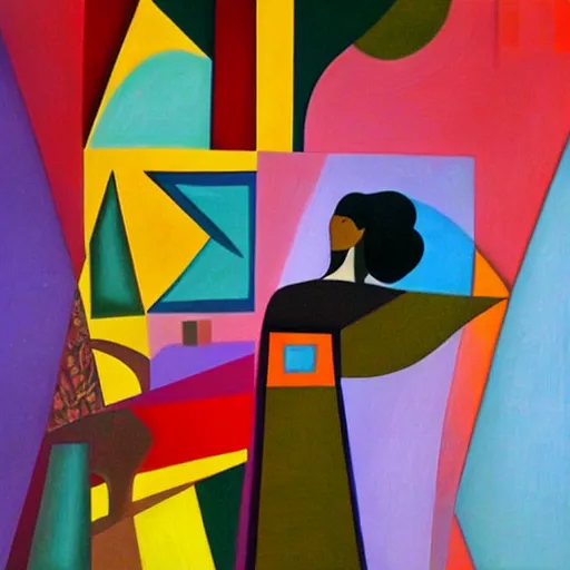 Image similar to woman weaves the colors, sounds and dreams of her community while listening to the river, abstract art in the style of cubism and georgia o keefe,