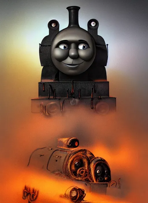 Image similar to thomas the tank engine in style of zdzisław beksinski, extremely dramatic lighting, 8 k, tendrils, black, darkness, black slime tendrils, infected, rust, body horror, thomas the train, thomas the tank engine face, horror,