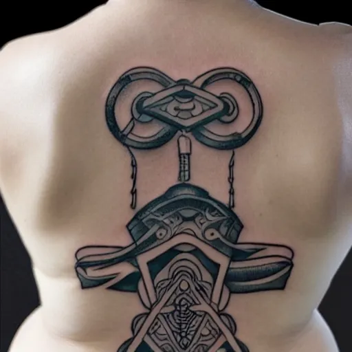 Image similar to sp - 4 0 4 audio mixer in the style of tattoo along female lower back