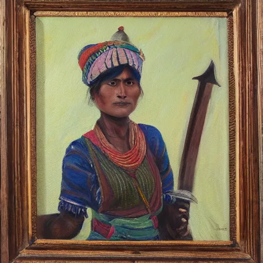 Image similar to a nepali woman carrying a sword, fierce, oil painting