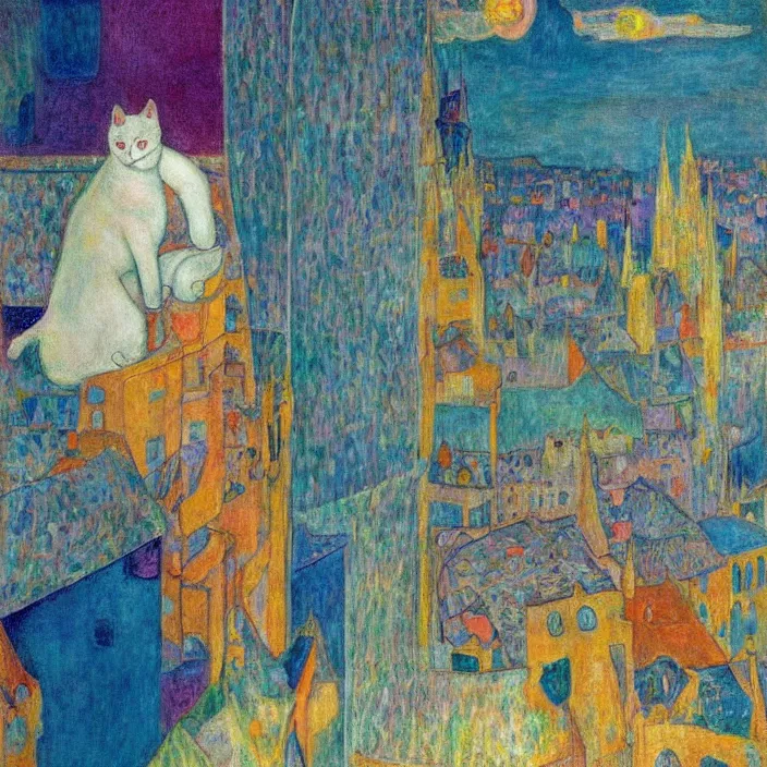Prompt: dreamy fuzzy white cat sitting in a window, city with gothic cathedral. sun setting through the clouds, vivid iridescent psychedelic colors. munch, agnes pelton, egon schiele, henri de toulouse - lautrec, utamaro, matisse, monet
