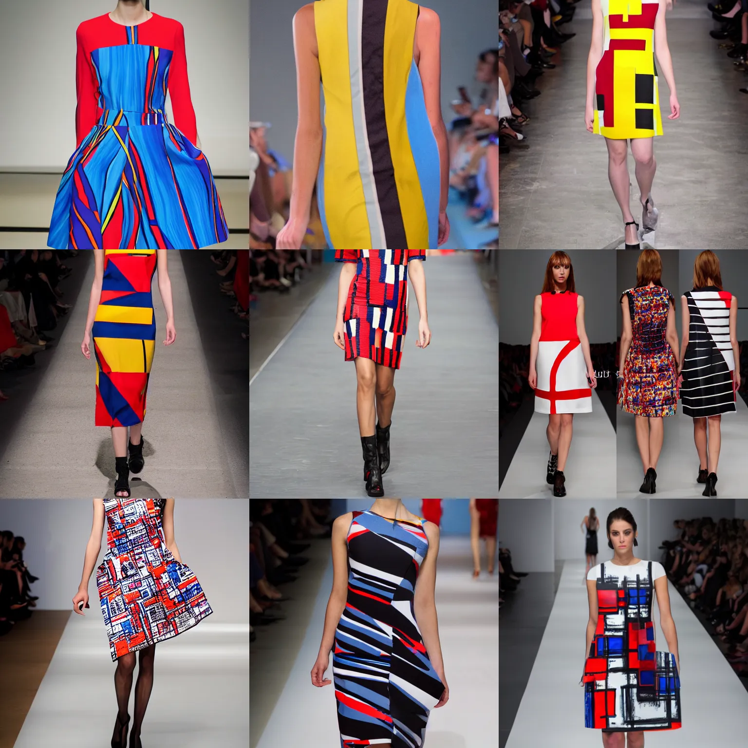 Prompt: mondrian abstract art dress, catwalk photo