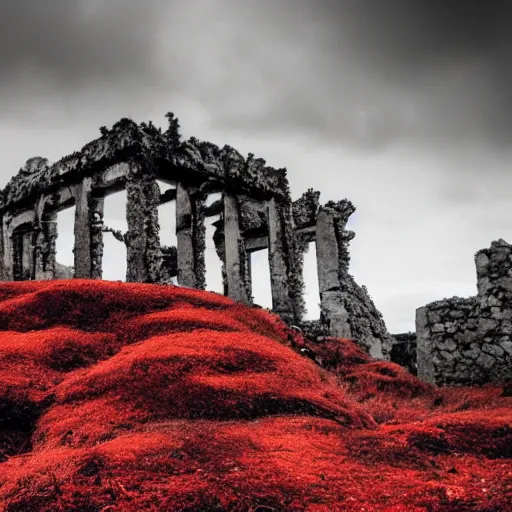 Image similar to the ruins of a giant village made out of stone, overgrown by red moss