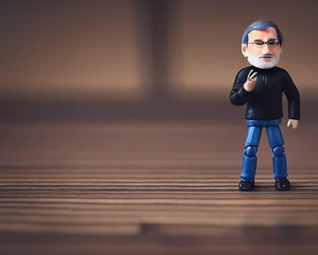 Image similar to steve jobs action figure sad bokeh on wooden table