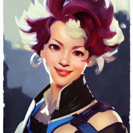 Image similar to greg manchess portrait painting of mina ashido as overwatch character, medium shot, asymmetrical, profile picture, organic painting, sunny day, matte painting, bold shapes, hard edges, street art, trending on artstation, by huang guangjian and gil elvgren and sachin teng