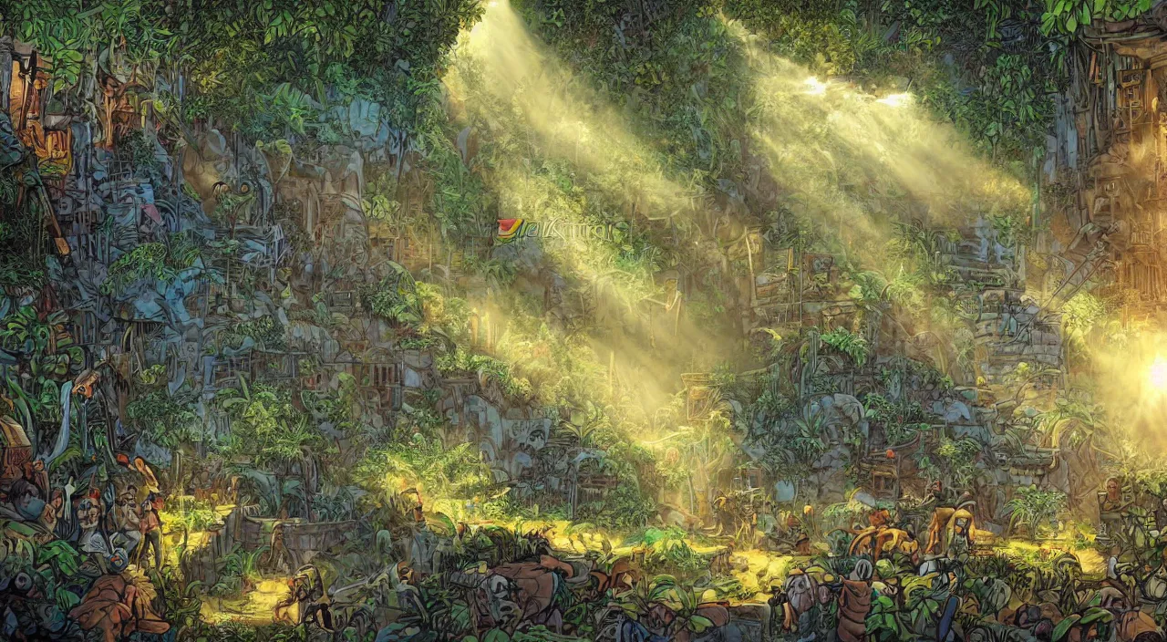 Image similar to zouk fabric jungle dirt wall fortress a spectacular view cinematic rays of sunlight comic book illustration, by john kirby