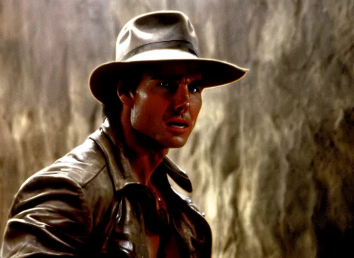 Image similar to film still of Tom Cruise as Indiana Jones in Raiders of the Lost Ark, 4k