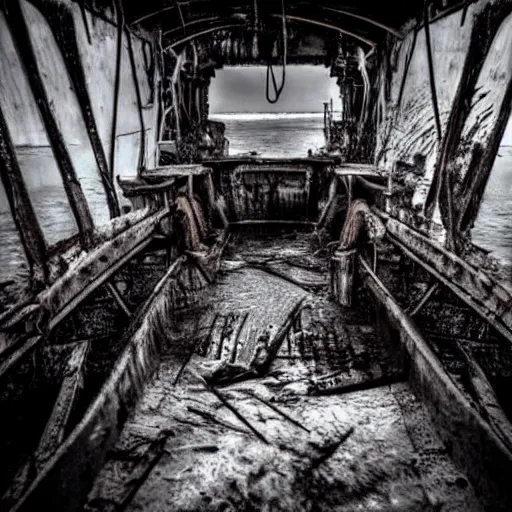 Image similar to the interior of a partially flooded rusty shipwreck, dark, scary lighting, scary, creepy, eerie, horror, submechanophobia, water ripples, photo,