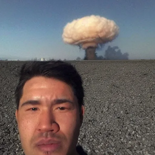 Image similar to last selfie before end of earth, nukes at background, very scarry and scarry