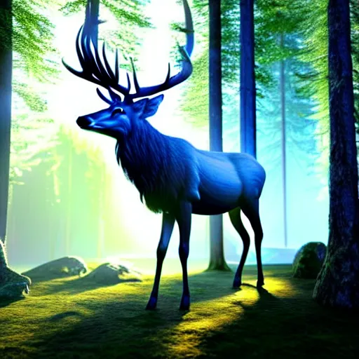 Prompt: beautiful hyper realistic stag. elven, celestial highly detailed magic athmospher. beautiful highly detailed forest background. blue light. sunlight rays throught the trees. intricate, elegant, long shot 8 k rendering.
