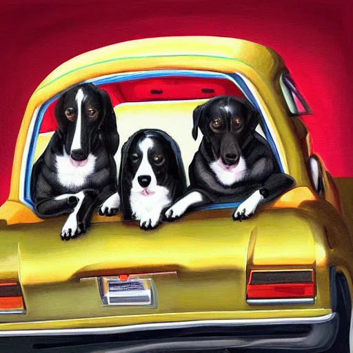 Image similar to “a painting by ducio of a three dogs in a car, highly detailed, trending on art station, 4k”