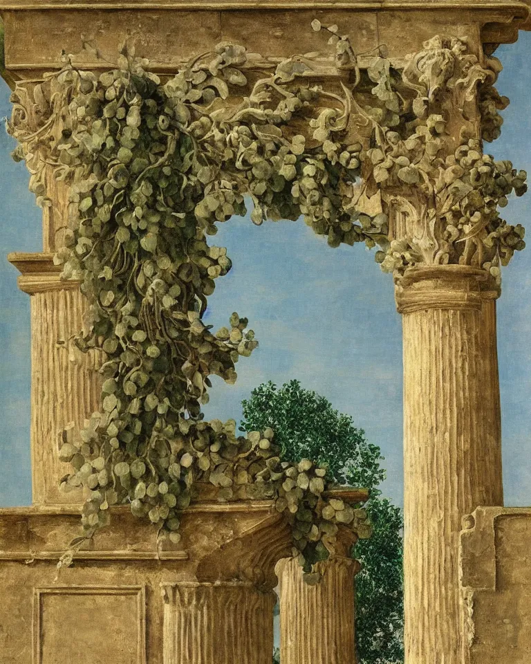 Image similar to achingly beautiful painting of intricate ancient roman ionic capital on olive drab background by rene magritte, monet, and turner. giovanni battista piranesi.