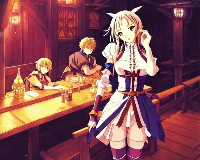 Prompt: anime visual, portrait of a young female in a busy fantasy medieval tavern interior at night, cute face by yoh yoshinari, murata range, last exile, blue submarine no 6, dynamic pose, dynamic perspective, detailed silhouette, seven deadly sins anime, anime cels, 1 9 9 0 s, flat lighting, rounded eyes