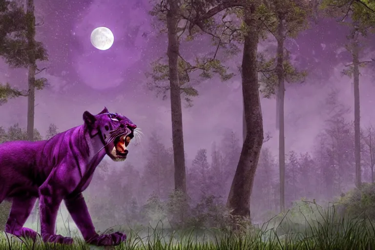 Prompt: a purple colored panther roaring in a forest during the night, large moon in the center. high quality render. illustration. 4 k. render. photoreal. highly detailed. artstation. realistic. dramatic. darkness. moon.