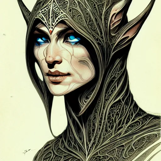 Image similar to centered elven ,intricate, veins, by Hugo pratt, ultradetailed, charachter design, concept art, trending on artstation,